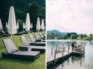 Links: Leere Korbstühle und geschlossene Schirme auf grüner Wiese. Rechts: Gäste entspannen am Steg, umgeben von See und Wald – Hochzeitsreportage NRW.