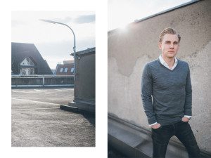Links: Verlassener Parkhaus-Dach mit Blick auf Köln; Rechts: Portrait an heller Wand – Bewerbungsfoto.