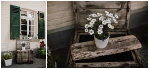 Ein weißer Topf mit Gänseblümchen auf einer rustikalen Truhe vor grünen Fensterläden – natürliche Hochzeitsfotografie Bonn.