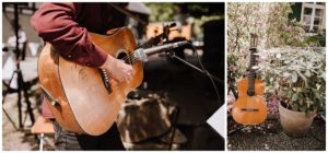 Links: Musiker spielt Akustikgitarre, rechts: Gitarre drinnen an Pflanze – Hochzeitsreportage NRW.