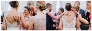 Zwei Frauen lachen und umarmen sich liebevoll bei einer Hochzeit, Hochzeitsreportage NRW.