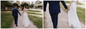 Brautpaar Hand in Hand im Park bei ihrer standesamtlichen Trauung in Düsseldorf, echte Hochzeitsmomente.