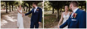 Brautpaar geht lachend Hand in Hand durch den Park – festgehalten von Hochzeitsfotografin Köln.