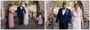 Links: Ein Brautpaar mit Kindern lacht unter Blüten in Köln; rechts gehen sie Hand in Hand. Authentische Hochzeitsreportage NRW.