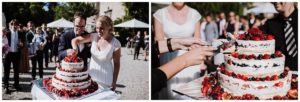 Brautpaar schneidet gemeinsam ihre Beeren-Hochzeitstorte an, liebevoll festgehalten in NRW.