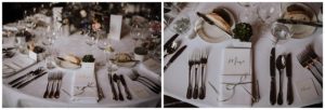 Elegante Tischdetails mit Menüs, Namenskarten und Schleifenservietten bei einer standesamtlichen Trauung Düsseldorf – Hochzeitsfotografin Köln.