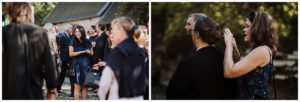 Hochzeitsreportage NRW: Freunde lachen und helfen einander bei einer standesamtlichen Trauung.