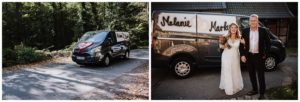 Links: Schwarzer Van mit Herzschild auf Waldweg. Rechts: Paar lächelt, echte Momente für Hochzeitsreportage NRW.