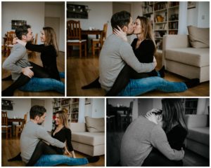 Ein Paar sitzt eng umschlungen am Boden, lacht vertraut – Hochzeitsreportage Köln.