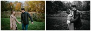 Ein Paar hält sich an einem herbstlichen Tag im Park an den Händen – Hochzeitsreportage NRW.