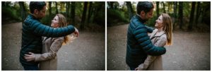Ein Paar lächelt sich auf einem Waldweg zu – ehrliche Hochzeitsreportage NRW.