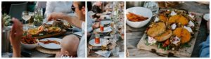 Freunde treffen sich an einem rustikalen Tisch und teilen Süßkartoffelpommes – echte Hochzeitsmomente in NRW.
