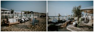 Gemütliche Strandlounge mit Holzbänken – entspannte Hochzeitsreportage NRW am Meer in Düsseldorf.