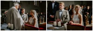 Braut und Bräutigam knien während der Trauung in der Kirche, liebevoll begleitet von Familie und Freunden.