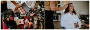 Eine Braut lächelt, während ihr Make-up vor der standesamtlichen Trauung in Düsseldorf aufgetragen wird. Hochzeitsfotografin Köln fängt diesen authentischen Moment ein.