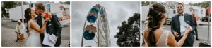 Brautpaar liest liebevolle Briefe und küsst sich herzlich am Riesenrad – Hochzeitsreportage NRW.