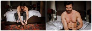 Ein Bräutigam sitzt am Morgen der Hochzeit auf dem Bett – authentische Hochzeitsreportage NRW.
