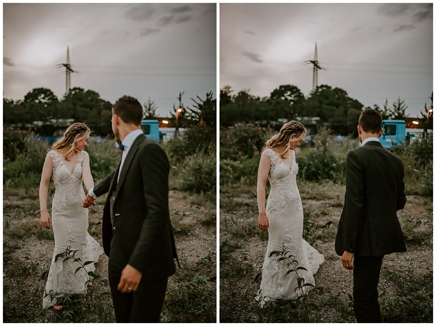 Brautpaar hält Hände und lacht entspannt im Grünen – Hochzeitsfotografie Bonn, natürlich & echt.