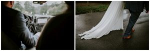 Links: Fahrt zur Trauung; rechts: Frisch vermähltes Paar bei Regen in Düsseldorf – Hochzeitsreportage NRW.