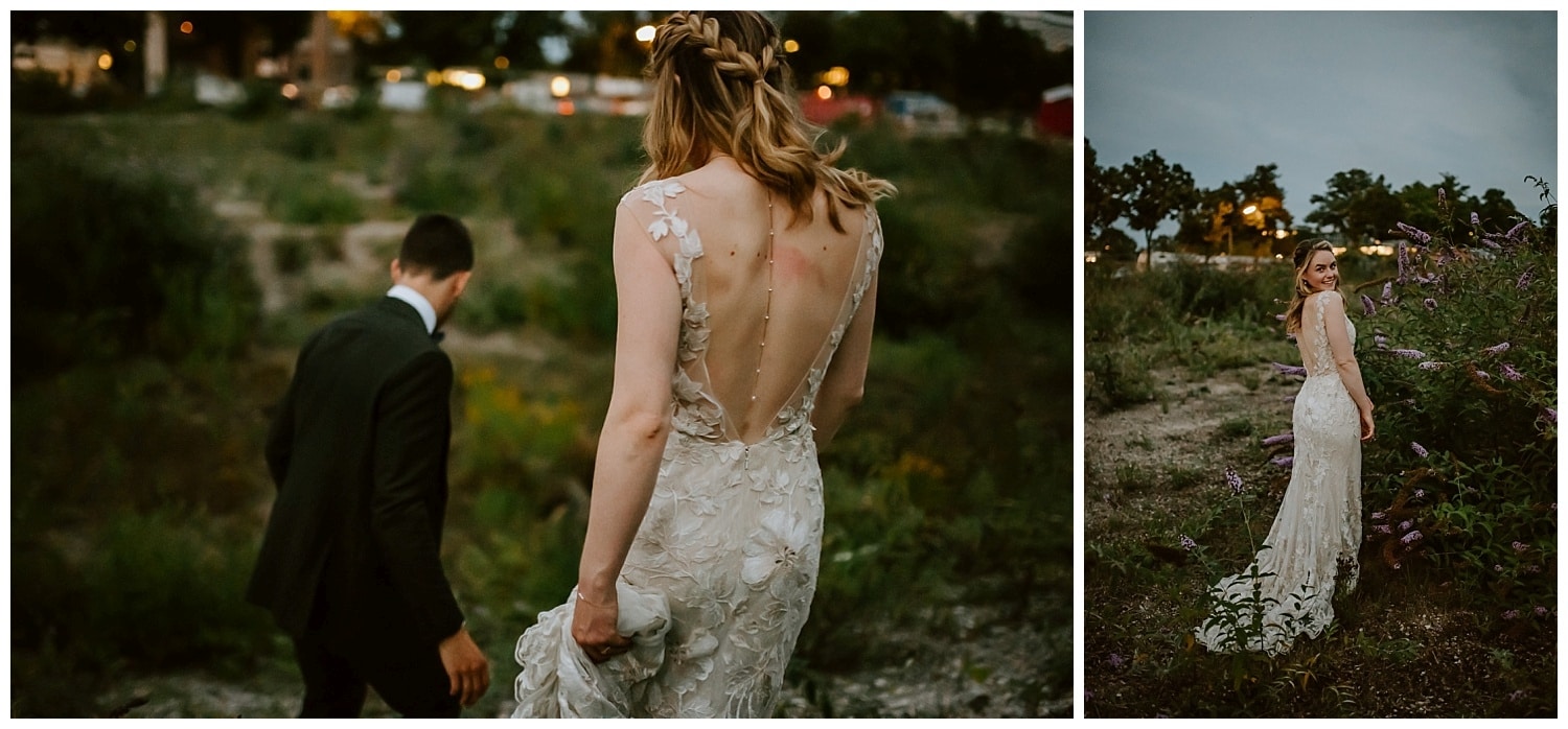 Braut im Spitzenkleid spaziert mit Bräutigam nach standesamtlicher Trauung in Köln.