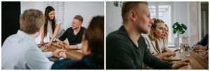 Gäste unterhalten sich herzlich bei einer standesamtlichen Trauung in Düsseldorf.